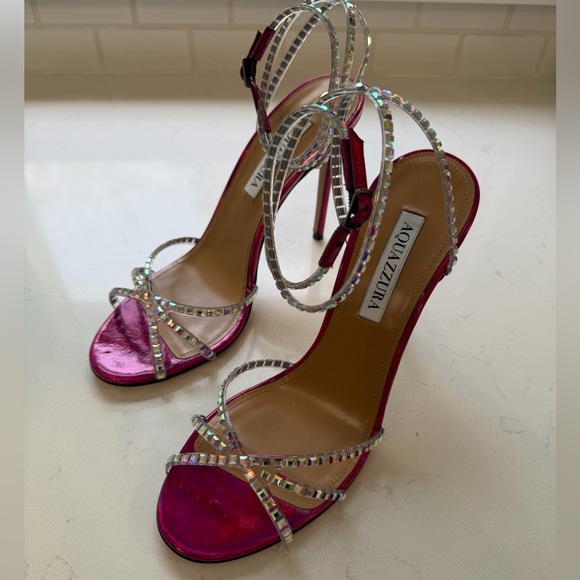 AQUAZZURA Dance Plexi 105 Embellished PVC/ iridescent leather sandals Size 38.5 - Picture 8 of 16